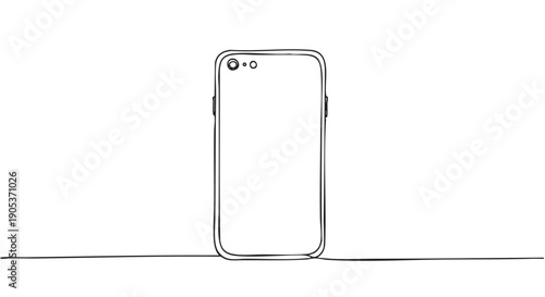 Minimalist continuous line art smartphone illustration with a modern, simple aesthetic, featuring a front camera and speaker, drawn with a single flowing black stroke