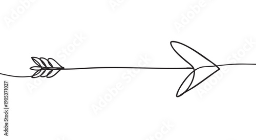 Continuous single-line hand-drawn black arrow with a feathered fletching and a pointed head, symbolizing direction, progress, and movement with a minimalist artistic style