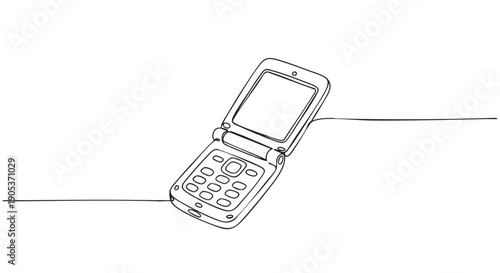 Single continuous line drawing of an open flip phone features a retro mobile device with a visible screen and keypad, rendered in a minimalist artistic style