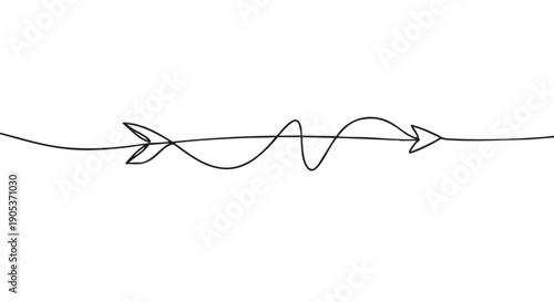 Continuous hand-drawn black arrow line features a squiggly, wavy path between two opposing arrowheads, symbolizing direction, process, or a complex journey