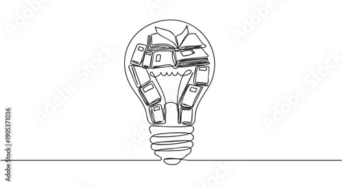 Continuous line drawing lightbulb filled with various books symbolizes the powerful connection between knowledge, learning, and innovative ideas