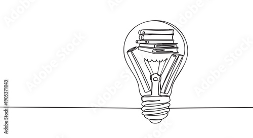 Minimalist continuous line drawing of a light bulb containing a stack of books, symbolizing education, knowledge, and bright ideas with a creative, intelligent mood
