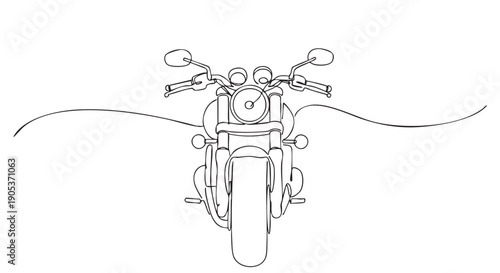 Classic cruiser motorcycle drawn in continuous line art style, depicted from a direct front view with a minimalist and artistic aesthetic