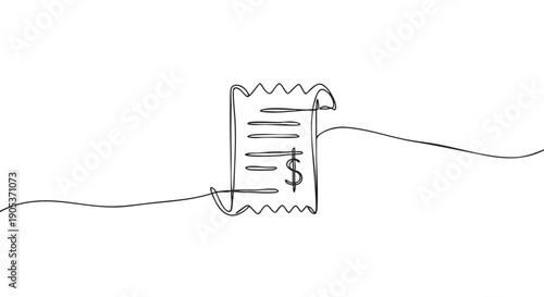 Minimalist continuous line art drawing of a financial receipt with a dollar sign, elegantly illustrating concepts of expenses, budgeting, and monetary transactions