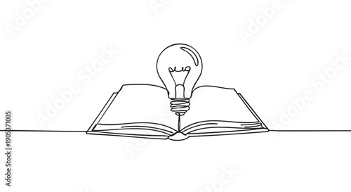 Continuous line drawing of an open book with a bright light bulb emerging from its pages, symbolizing knowledge, ideas, and creative inspiration in a minimalist style