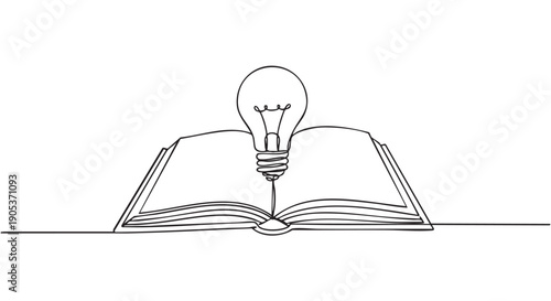 Continuous line drawing open book with lightbulb symbolizing knowledge, inspiration, and bright ideas emerging from learning in a minimalist style