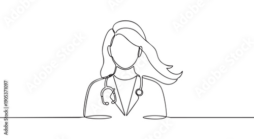 Minimalist continuous line drawing of a female doctor wearing a lab coat and stethoscope, depicted with elegant flowing hair in a modern, abstract style