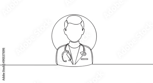 Continuous line drawing of a doctor wearing a lab coat and stethoscope, presented in a minimalist single stroke art style, symbolizing healthcare and medical expertise