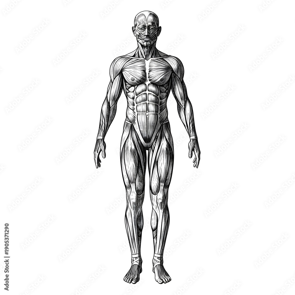 Fototapeta premium Detailed engraving of human male muscular system full body front view