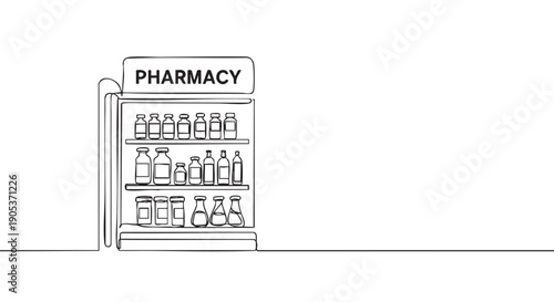 Minimalist continuous line drawing of a pharmacy cabinet filled with various medicine bottles and containers, depicted with clean black lines and a simple aesthetic