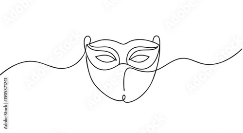 Minimalist continuous line drawing of an elegant Venetian mask with subtle eye details, rendered in a modern artistic style with flowing black lines