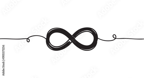 Hand-drawn black infinity symbol, rendered with a scribbled, artistic texture, extends horizontally with wavy lines, conveying concepts of eternity and endlessness