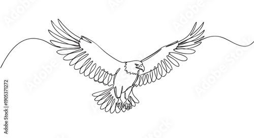 Majestic flying eagle line art drawing with powerful outstretched wings, rendered in a continuous, minimalist black line style, conveying freedom and strength