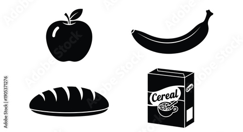 Assorted breakfast foods including apple, banana, bread, and cereal box, depicted in simple black illustrations on a clean background.