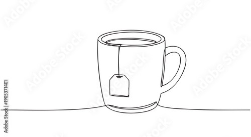 Minimalist continuous line drawing of a mug with a tea bag immersed, rendered in a clean, simple, and elegant artistic style with a horizontal base line