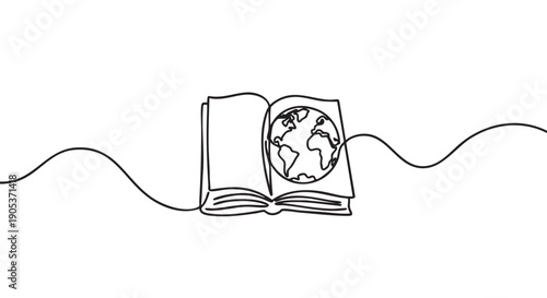 Continuous line drawing of an open book with a globe on its page, symbolizing global education, knowledge, and interconnected learning in a minimalist black and white style