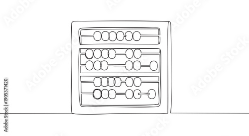 Minimalist continuous line art abacus, an ancient calculating tool, is depicted with simple black strokes, showcasing its rows of beads and frame in a clean, illustrative style