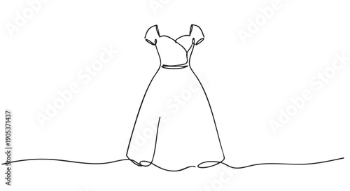Elegant black continuous line drawing of a classic formal dress with a fitted bodice and full skirt, showcasing a minimalist and artistic style
