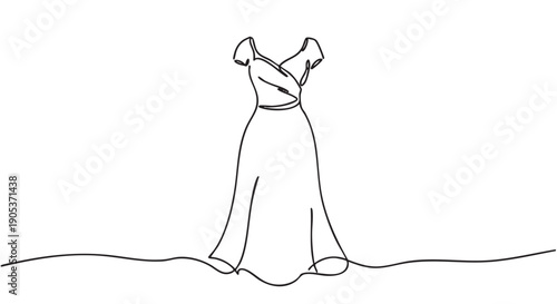 Elegant continuous line drawing of a long dress with short sleeves and a V-neck bodice, showcasing minimalist fashion design and artistic simplicity