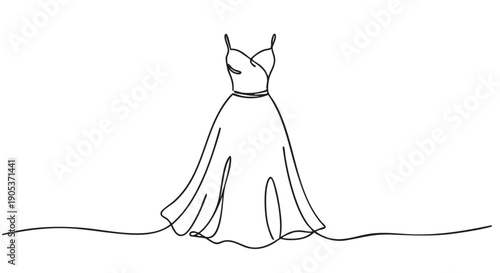 Elegant continuous line drawing of a flowing dress with thin straps and a cinched waist, showcasing a minimalist and artistic fashion illustration style
