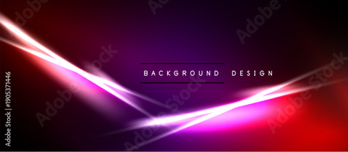 Abstract background features vibrant neon lines, gradients. Dark shades transition into bright pinks, purples, reds. Modern design element.
