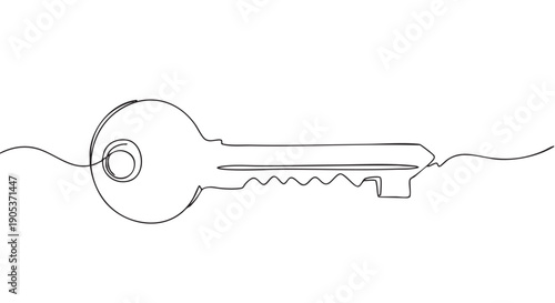 Simple continuous line drawing of a key, rendered in a minimalist artistic style with a single unbroken black stroke, symbolizing access, security, and opportunity