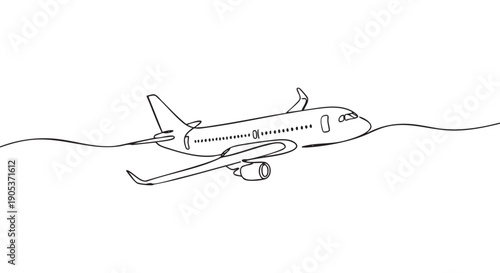 Minimalist continuous line drawing of a passenger airplane in flight, rendered with clean black strokes, conveying a sense of smooth travel and modern design