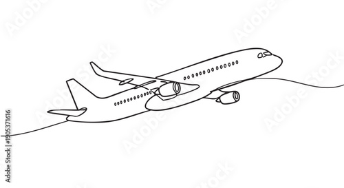 Sleek passenger jet airplane is depicted in a continuous single line art drawing, dynamically ascending with its wings spread, showcasing modern air travel