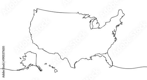 Minimalist continuous line drawing of the United States map, including Alaska and Hawaii, rendered with a single flowing black stroke, conveying simplicity and modern design