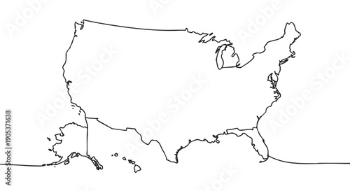 Continuous line drawing map of the United States, including Alaska and Hawaii, rendered in a minimalist, hand-drawn style with a single black line
