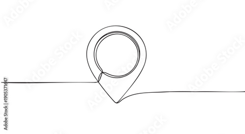 Minimalist continuous line drawing location pin icon is depicted with a single black stroke extending horizontally across the frame, conveying navigation and destination
