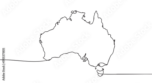 Stylized continuous line map of a southern continent, featuring a minimalist black outline on a clean, bright surface, conveying simplicity and modern design