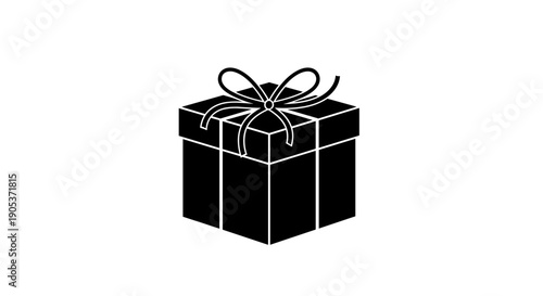 Simple Black Gift Box Icon with Ribbon Bow.