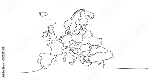 Minimalist continuous line drawing map of Europe with detailed country outlines, presented in a clean, artistic black and white style