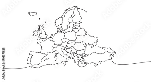 Minimalist continuous line drawing map of Europe with distinct country outlines, rendered in a clean black and white graphic style, illustrating geographical boundaries