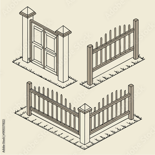 Modern 3d architectural illustration of a wrought iron gate with fence featuring metal construction and wooden design elements for a house building interior staircase