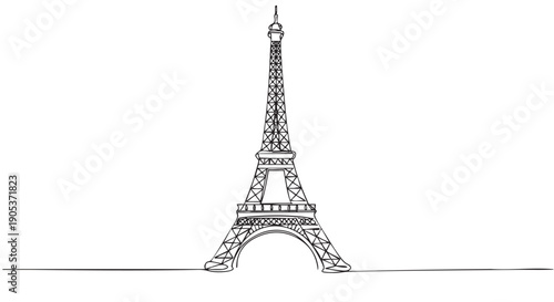 Elegant continuous line drawing of a famous landmark tower, showcasing its intricate lattice structure and iconic silhouette with a minimalist artistic style
