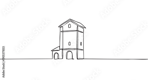 Minimalist continuous line art drawing of a building with a peaked roof and arched entrances, showcasing a simple, modern architectural concept in black ink