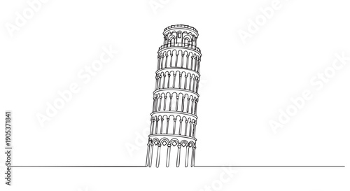 Continuous line drawing of the iconic leaning tower, an architectural marvel with multiple arched levels, rendered in a minimalist black and white art style