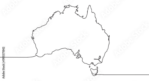Continuous single line drawing of a large island continent's geographical outline, rendered in a minimalist style with clean black lines