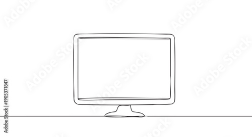 Minimalist continuous line art drawing of a monitor with a blank screen, rendered in a simple, elegant single stroke style, conveying modern technology and communication