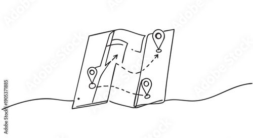 Simple hand-drawn folded map with location pins and a dashed route line, illustrating navigation and journey planning in a minimalist black and white style