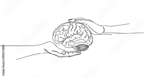 Continuous line drawing of two hands holding a human brain, symbolizing mental health, care, protection, and cognitive well-being in a minimalist artistic style