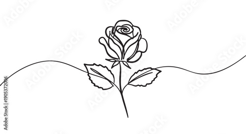 Elegant black continuous line art rose flower with delicate petals and leaves, drawn with a single flowing stroke, creating a minimalist and artistic illustration