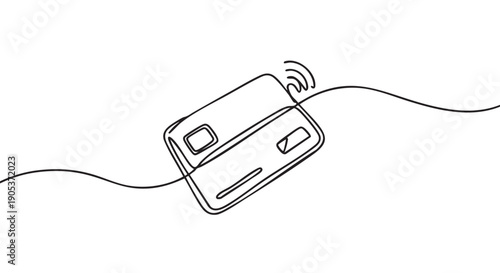 Continuous line drawing of a contactless payment card, featuring a chip and payment waves, rendered in a modern minimalist black and white illustration style