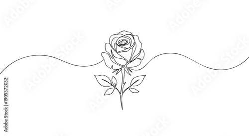 Beautiful single line art rose with delicate petals and leaves is elegantly depicted in a minimalist continuous drawing style, flanked by subtle wavy lines