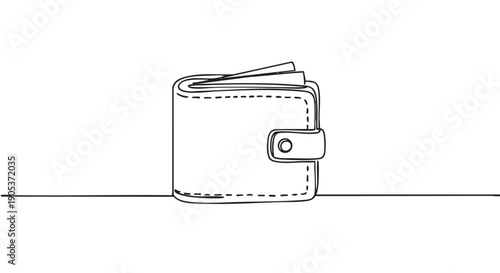 Simple black and white line drawing of a wallet with papers sticking out, featuring a minimalist continuous stroke art style and a snap closure