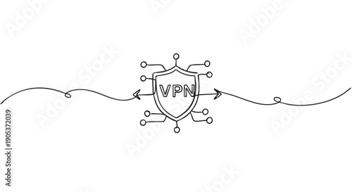Hand-drawn continuous line art VPN shield icon is depicted with circuit connections and arrows, symbolizing secure internet privacy and data protection