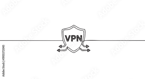 Hand-drawn black and white VPN shield icon, formed by a single continuous line, features arrows indicating secure data flow and network protection in a simple sketch style