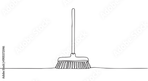 Simple continuous line art broom stands upright, rendered with elegant black strokes and a minimalist aesthetic, creating a clean graphic illustration